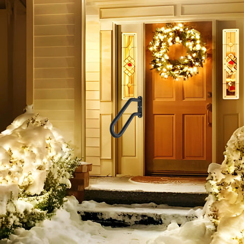 Built Different Heavy Duty U Shaped Safety Handrail For Outdoor Steps And Indoor Porch Metal Wall Mount Rail With Non Slip Grip Easy Install Deck Stair Support on a cozy winter porch.