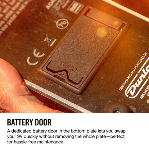 Close-up of Cry Baby Standard Wah Pedal battery door for easy access, featuring durable plate design for Live Shows and Studio Sessions