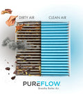 Cabin Air Filter PC99204X showing dirty and clean air filtration effect with PureFlow logo