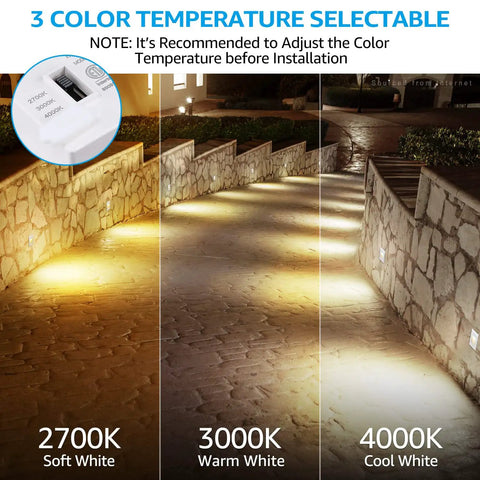 3CCT Dimmable LED Stair Lights for Indoor Outdoor Use 120-277V showing 2700K, 3000K, 4000K color temps on stone stairs