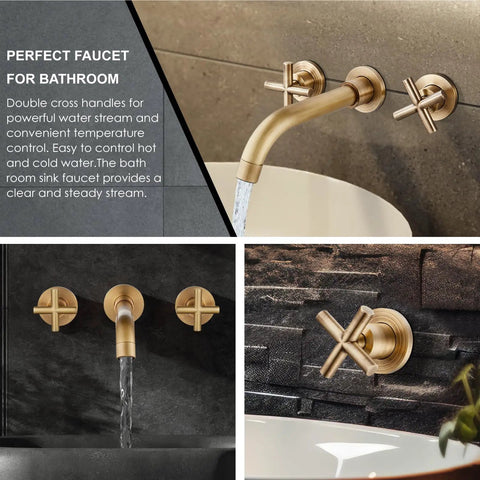 Wall Mounted Bathroom Sink Faucet With Dual Cross Handles, 3 Hole Widespread Vanity Mixer Tap In Matte Black, Go-To Rough-In Valve Included, Solid Brass Construction, Effortless DIY Install, Sleek Contemporary Style
