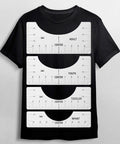 T Shirt Alignment Ruler Kit For Vinyl Designs 4 Piece PVC Ruler Set For Centering Graphics On T Shirts Heat Press Accessories Includes Adult Youth Toddler And Infant Sizes Durable Reusable showing rulers on a black t-shirt.