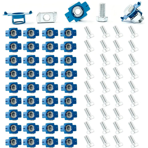 Half Inch Thirteen Thread Strut Channel Nuts And Hex Bolts With Blue Plastic Wing Twist Lock Tabs arranged in a grid layout.