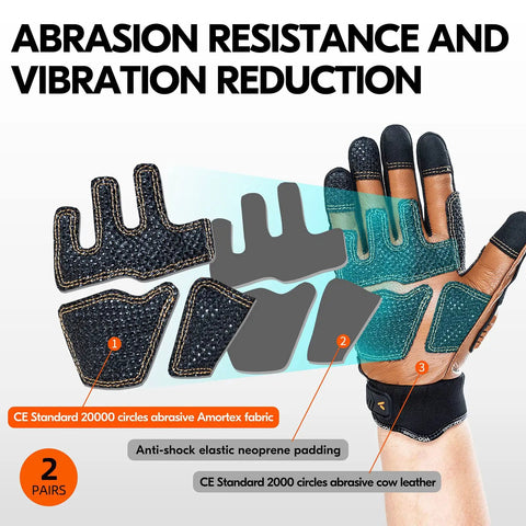 Cow Leather Work Gloves With Impact Protection For Auto, Construction, DIY And More, Water Resistant, Size XL Brown, palm details