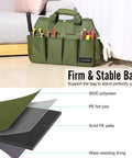Heavy Duty 900D Garden Tote Bag With Standable Base shown upright with visible pockets filled with tools, material layers detailed.