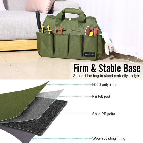 Heavy Duty 900D Garden Tote Bag With Standable Base shown upright with visible pockets filled with tools, material layers detailed.