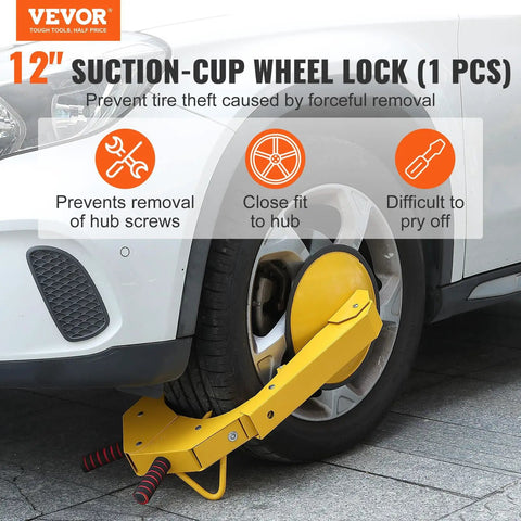 Tough As Nails Heavy Duty Wheel Lock Clamp For Trailers And Vehicles, installed on car tire, showing steel build and suction cup