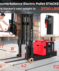 Heavy Duty Electric Counterbalance Workhorse Pallet Stacker Featuring 3300 Lb Capacity And A Snappy 10 Foot Lift Height for material handling, adjustable width, 3700 lbs weight.