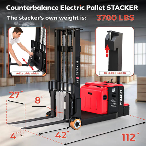Heavy Duty Electric Counterbalance Workhorse Pallet Stacker Featuring 3300 Lb Capacity And A Snappy 10 Foot Lift Height for material handling, adjustable width, 3700 lbs weight.