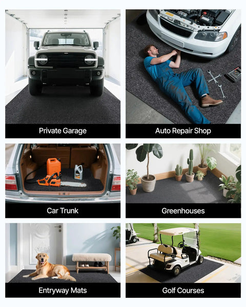 Heavy Duty Waterproof Garage Floor Mat 8 Foot 10 Inch By 22 Foot With Non Slip TPE Backing in various settings like garage, repair shop, greenhouse.