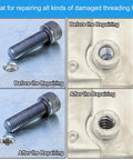 Self-tapping threaded inserts set, 6 pcs, stainless steel, M14/M18 x 24mm, bolt and insert on metal surface