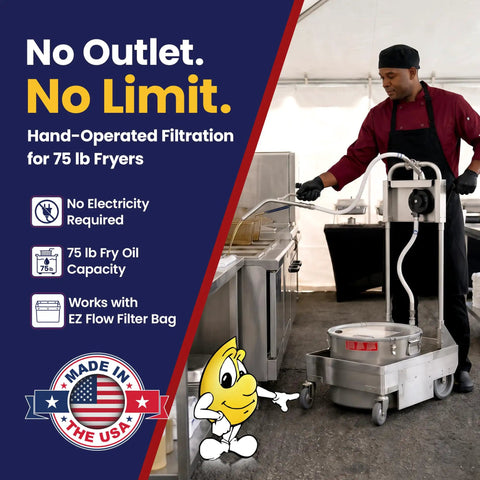 Heavy Duty Hand Cranked Deep Fryer Oil Filter Machine for 75 Pound Capacity in use at a commercial kitchen.