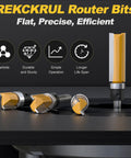 Fan Favorite Four Piece Flush Trim Router Bits Set One Quarter Inch Shank Top Bearing Carbide Steel on a router table.