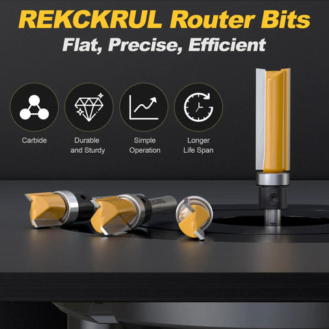 Fan Favorite Four Piece Flush Trim Router Bits Set One Quarter Inch Shank Top Bearing Carbide Steel on a router table.