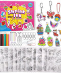 Shrink Art Sheets Kit For Kids With 75 Pre Cut Designs For Instant Fun Easy Coloring And Keychain Making Craft Set No Cutting Needed Diy Craft Project For Boys And Girls Creative Gift Idea, kit with pencils and charms