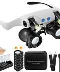 Hands Free LED Magnifier Glasses With 14 Interchangeable Lenses 3X To 15X, Lighted Loupe For Jewelry, Sewing, Electronics