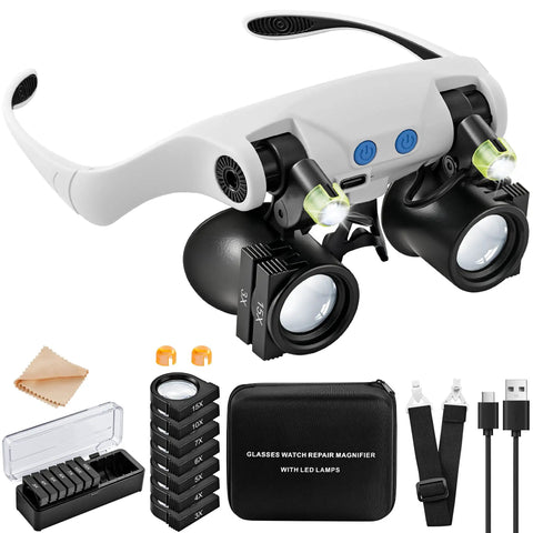 Hands Free LED Magnifier Glasses With 14 Interchangeable Lenses 3X To 15X, Lighted Loupe For Jewelry, Sewing, Electronics