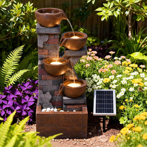 Five Tier Solar Outdoor Water Fountain With LED Lights 33 Point 5 Inch Tall Waterfall For Patio Or Backyard Easy Setup Solar Pump And Panel Included Decorative Pebbles Yard Vibe shown in garden setting