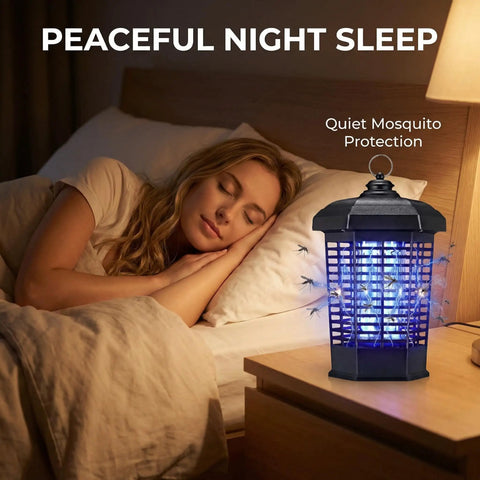 High Voltage 4200V Indoor Outdoor Killer Bug Zapper Lighthouse Shaped Insect Trap on bedside table at night