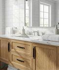 Matte Black Cabinet Handles 10 Pack 6 Inch Long Finger Pulls 96mm Center To Center Modern Kitchen Bathroom Hardware Includes Two Lengths Of M4 Screws For Easy Installation And Durable Use installed on wooden bathroom vanity with white countertop.