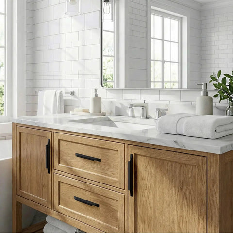 Matte Black Cabinet Handles 10 Pack 6 Inch Long Finger Pulls 96mm Center To Center Modern Kitchen Bathroom Hardware Includes Two Lengths Of M4 Screws For Easy Installation And Durable Use installed on wooden bathroom vanity with white countertop.