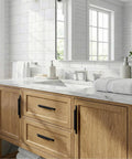 Modern bathroom with oak cabinetry and 10 Pack Slick Matte Black Cabinet Handles 5 Inch Center To Center 128mm Finger Pulls Long Cabinet Pulls