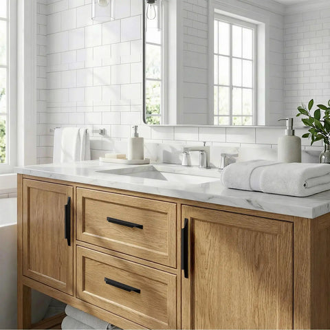 Dope Matte Black Cabinet Handles 10 Pack, 7.5 Inch Finger Pulls, Long Cabinet Pulls on wooden bathroom drawers