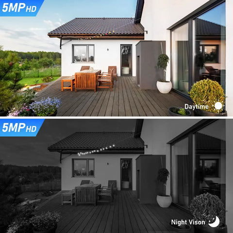 All Weather Outdoor PTZ Surveillance Camera 5MP With 5x Optical Zoom WiFi IP Night Vision showing day and night views of a patio