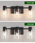 Dope Three Light Matte Black Wall Sconces for Bathroom Vanity with modern glass shades, shown with warm and white light options