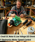 Man assembling Premium PWM DC Motor Speed Controller Ver 2.0 1.8V To 12V Input With Max 15V 2A Self Recovery Fuse