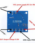 PWM To Voltage Module Converts PWM To Analog 0 To 10 Volt Signal For PLCs And Industrial Control Panels with labeled pins.