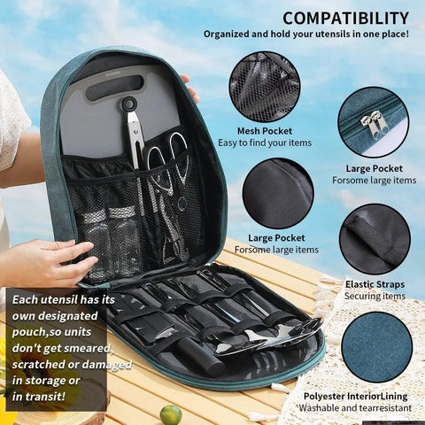 Open travel organizer showing Outdoor Camping Kitchen Utensil Set 10 Piece Stainless Steel Cooking And Grilling Utensils with mesh pockets
