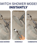 Solid Brass 3 Way Shower Diverter Valve With Shower Head Holder Universal Splitter showing fixed, handheld, and combo modes