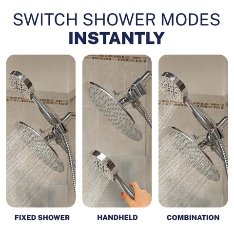 Solid Brass 3 Way Shower Diverter Valve With Shower Head Holder Universal Splitter showing fixed, handheld, and combo modes