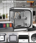 Durable 3D Printer Enclosure With Integrated Ventilation Kit For Efficient Smoke And Dust Control featuring transparent design, fireproof, dustproof, USB LED lighting, 580x650x650mm dimensions.