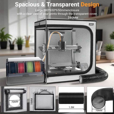 Durable 3D Printer Enclosure With Integrated Ventilation Kit For Efficient Smoke And Dust Control featuring transparent design, fireproof, dustproof, USB LED lighting, 580x650x650mm dimensions.