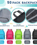 Bulk 50 Pack 17 Inch Backpacks For Adults Lightweight Grab And Go Travel Bookbags In Five Colors Red Blue Green Black Gray