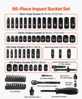 96 Piece 3/8 Inch Drive Impact Socket Set With Wrench And Bits, SAE 5/16 To 3/4 And Metric 8 To 22 MM, CR-V Steel, components image