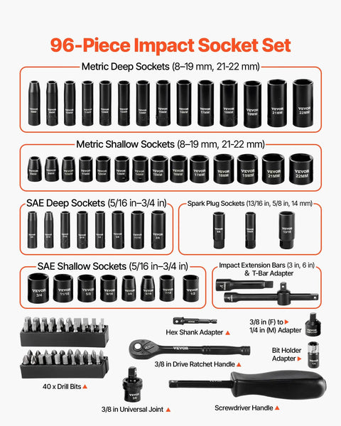 96 Piece 3/8 Inch Drive Impact Socket Set With Wrench And Bits, SAE 5/16 To 3/4 And Metric 8 To 22 MM, CR-V Steel, components image