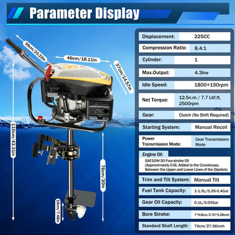 Powerful 9HP Four Stroke Outboard Motor For Inflatable Boats And Small Yachts 225CC Gasoline Engine Air Cooled Display