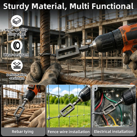 Dexspoeny 3 Piece Wire Twister Tool Set For Drill, Heavy Duty Electric Wire Nut Twisting Bit With 1/4 Hex Shank in use on rebar.