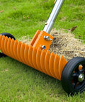 Roller Thatch Rake For Lawn With 15 Inch Dethatcher And Smooth Rolling Wheels, metal tools removing thatch from grass, side view