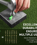 Durable Unbreakable Plastic Golf Tees Set hammered on concrete block to show toughness and resistance to damage.