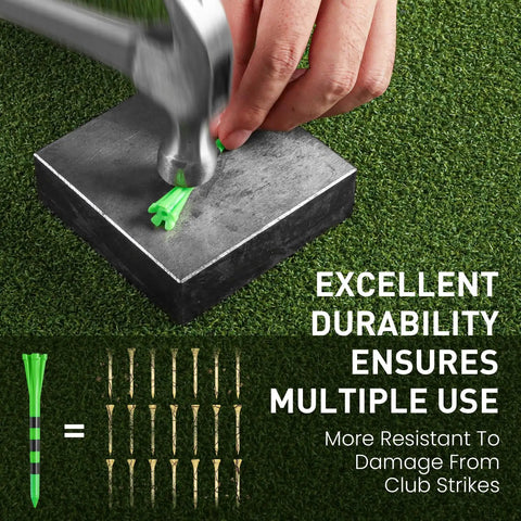 Durable Unbreakable Plastic Golf Tees Set hammered on concrete block to show toughness and resistance to damage.