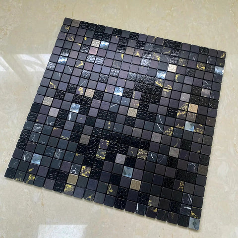 Peel And Stick Backsplash Tiles For Kitchen, Bath, And Fireplace With Plaid Glass In Starry Sky Black, 3D Metal Texture sheet