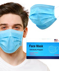 Top Shelf 3 Layer Disposable Face Masks, Individually Wrapped 50 Pack; model wearing mask, box packaging visible.