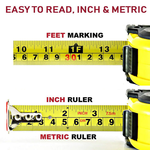 25 Ft Measuring Tape With Easy Read Decimal Scale showing dual side ruler in inches and metric with magnetic tip