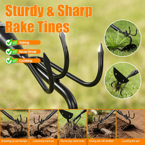 Heavy Duty 52 Inch 2 In 1 Hoe And Cultivator Rake for Weeding and Soil Loosening with sharp tines, ideal for gardening tasks.