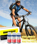 Cyclist with hydraulic disc brake bleed kit for Magura systems, includes 180ml mineral oil and adapter, DIY maintenance.