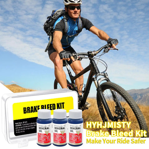 Cyclist with hydraulic disc brake bleed kit for Magura systems, includes 180ml mineral oil and adapter, DIY maintenance.